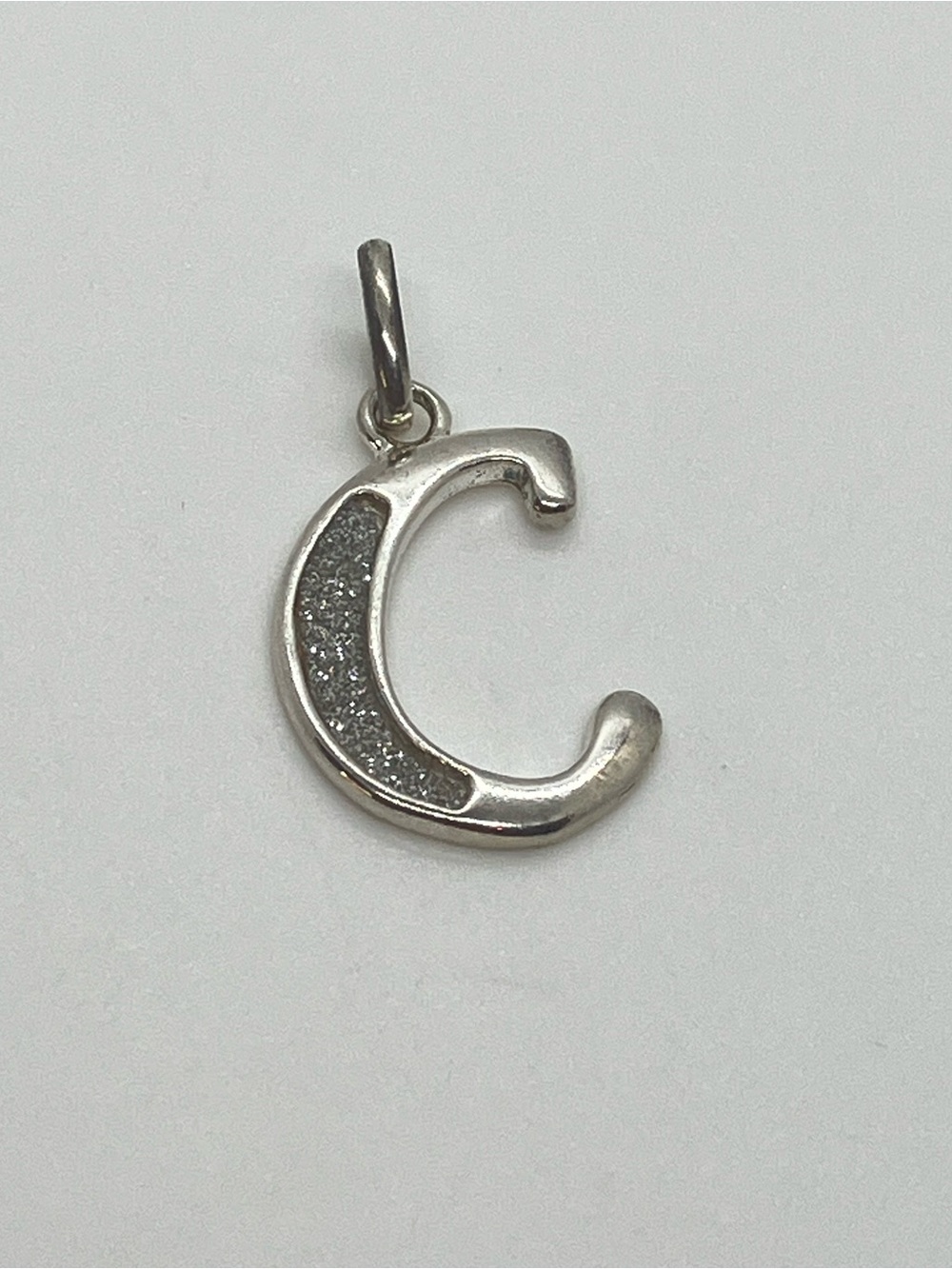 925 Sterling Silver Initial “C” Glitter Accent Necklace Pendant